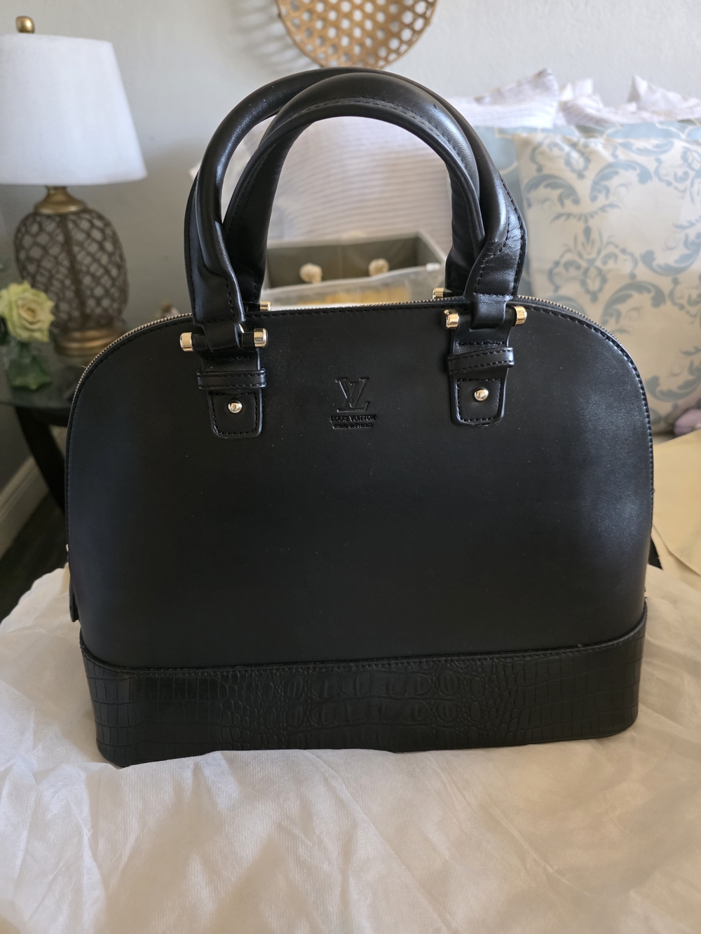 Black Leather Dome Satchel with Croc-Textured Base